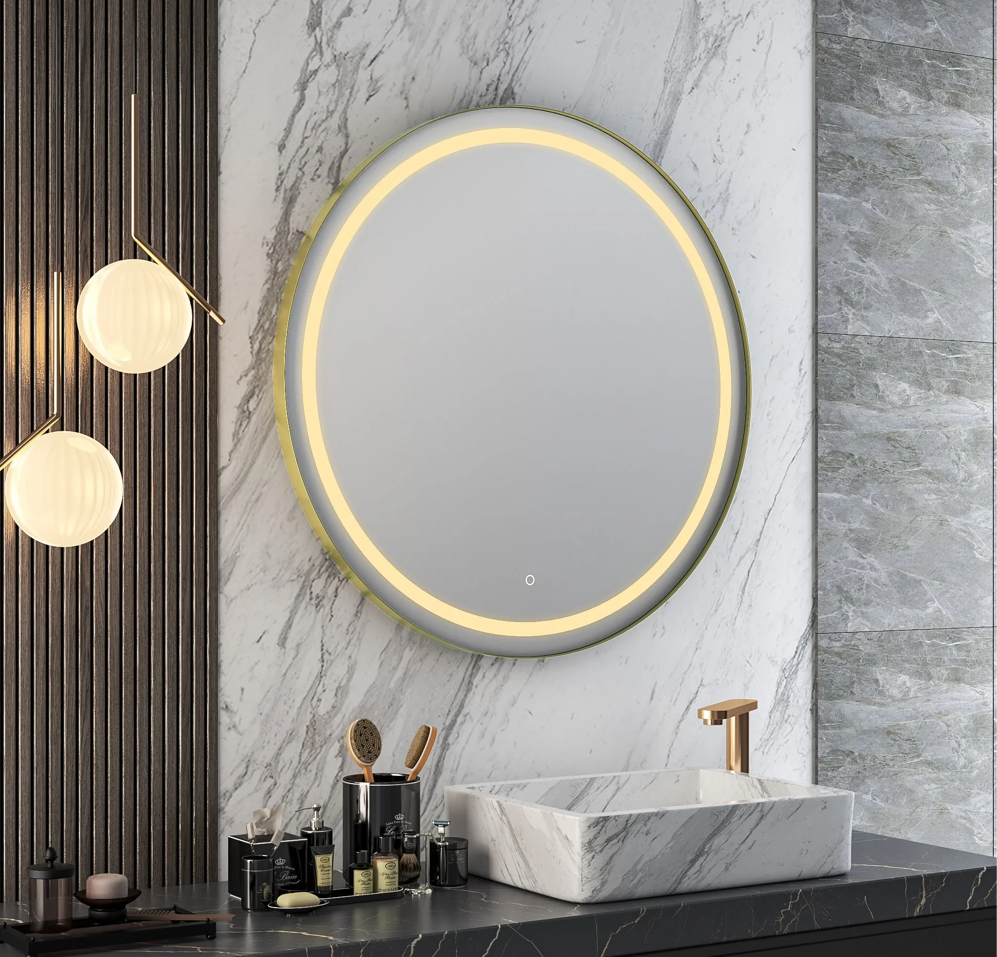 Smd2835 Led Round Bathroom Mirror / Gold Frame Round Mirror With Led