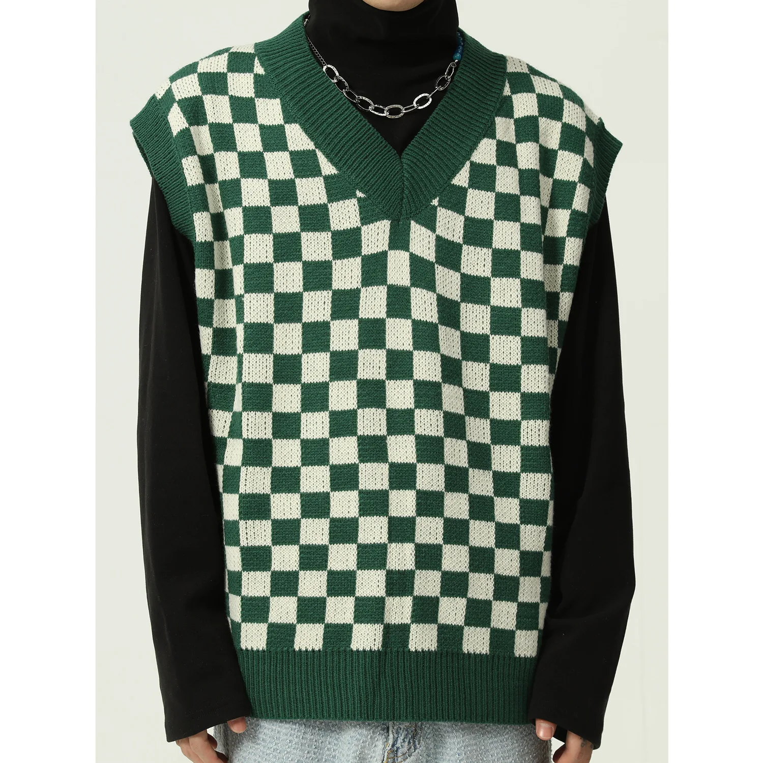 秋季韩版宽松棋盘格子v领针织背心懒人风格男士背心毛衣, image size:1500x1500