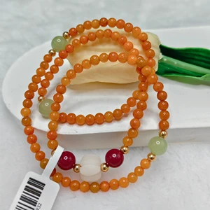 Natural Orange Red Jade Retro Bead Bracelet with Elastic Rope and Multi-layer Chinese Style Bracelet for Daily Wear
