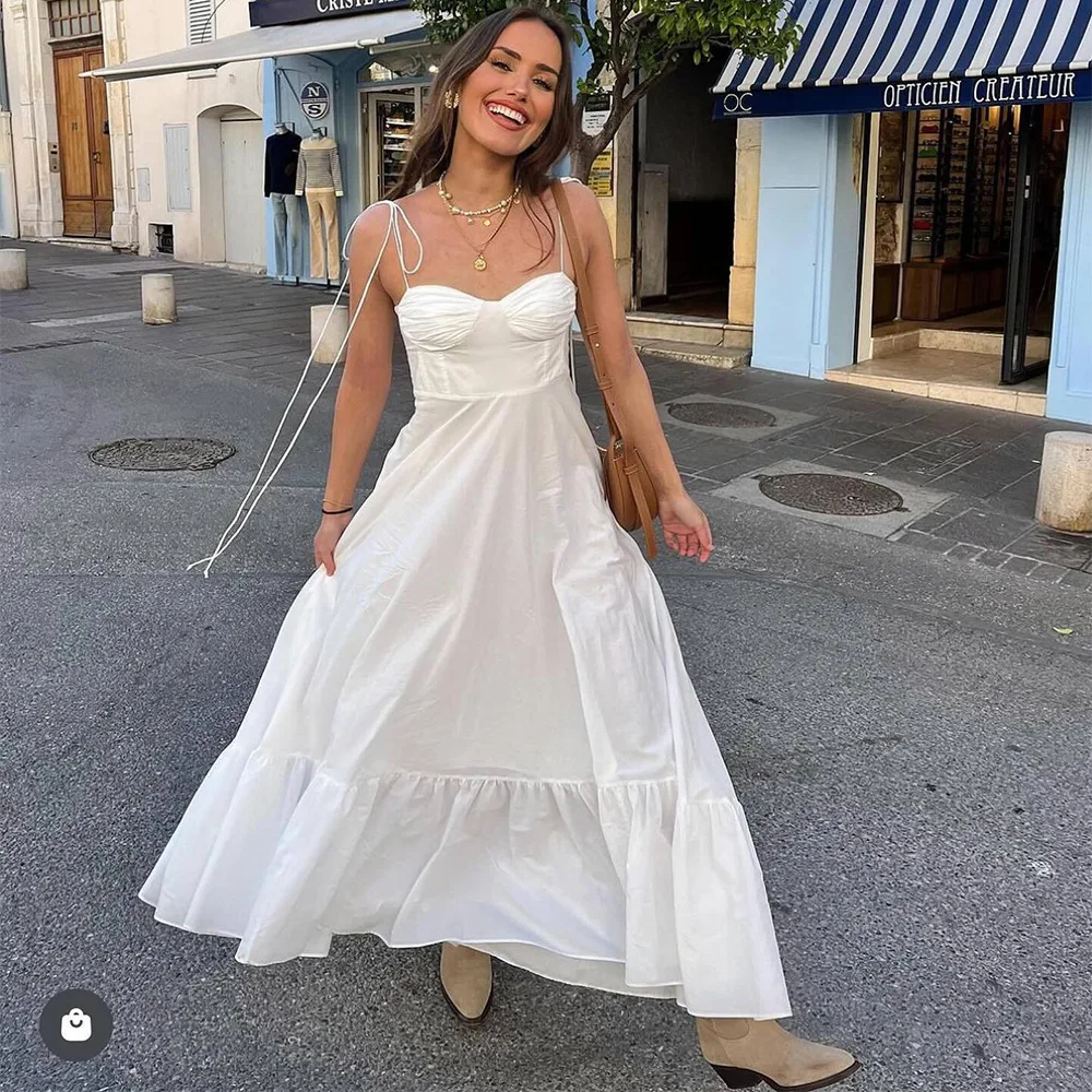 High-waist A-line Party White Dress Summer Classic Fashion Solid Elegant Women's Long Dress