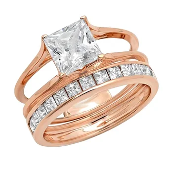 Princess cut wedding rings 14k solid rose gold, china 14k solid gold rings