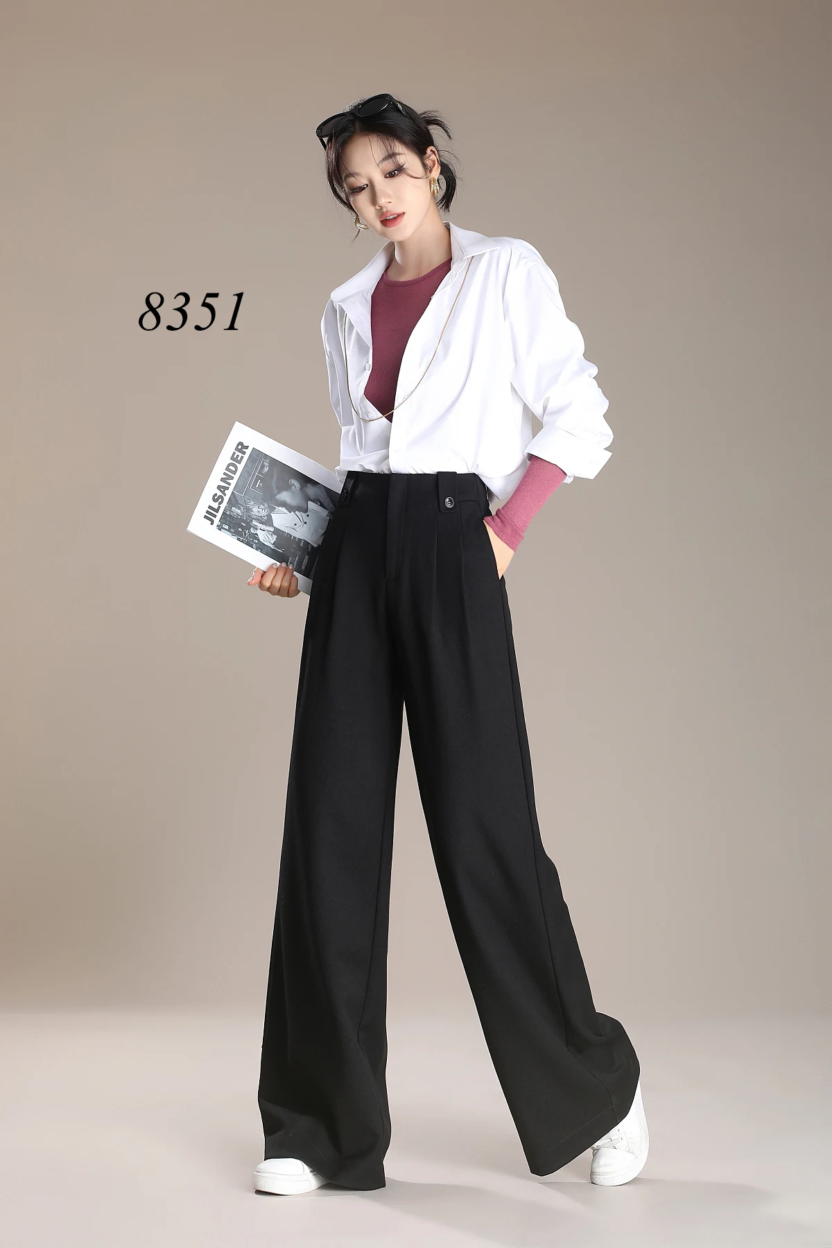 Women's High Mid Waist Office Pants Autumn Winter Wide Leg Straight Long Trousers for Ladies
