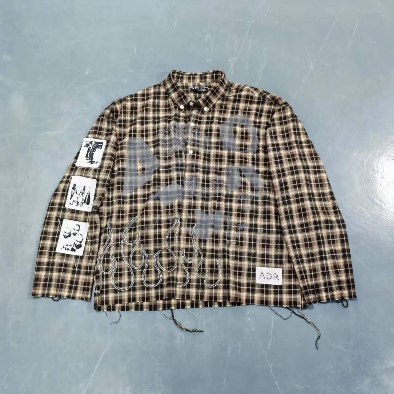 Custom Men Cotton Shirts Sun Faded Button up Long Sleeve Rhinestone Check Plaid Acid Wash