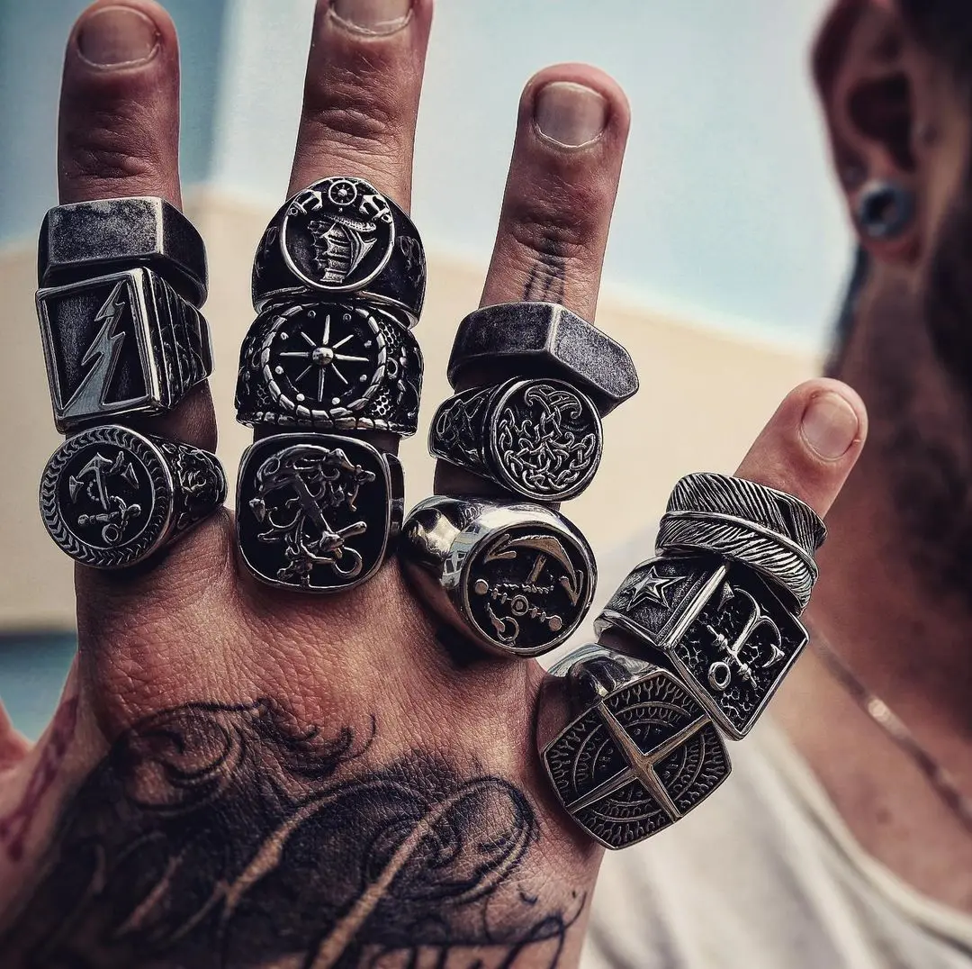 Set Di 6 Anelli Uomo In Acciaio Inossidabile E Ottone - Sigillo Greco, Celtico, Biker - Gioielli Vintage Regalo Per Uomo - 2