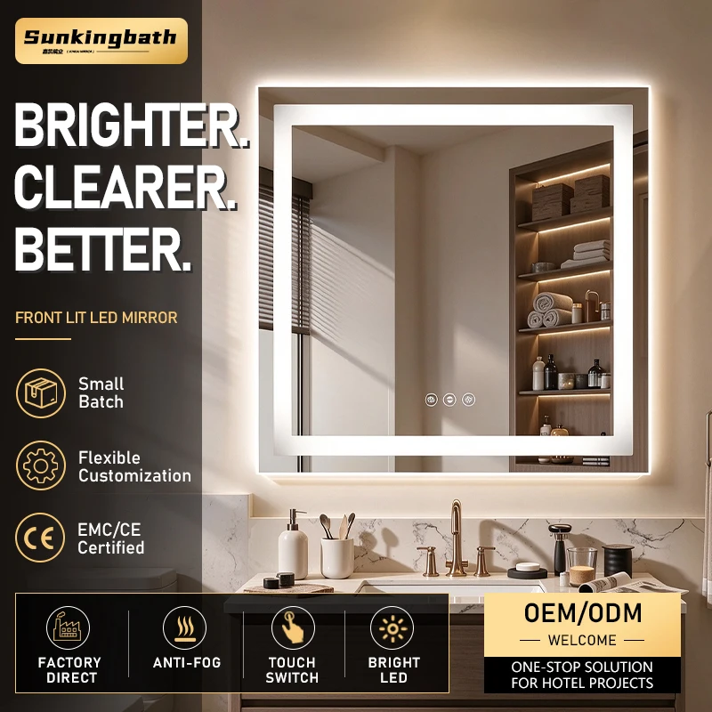 Apartment Bathroom Mirror Touch Sensor Dimmable Front Lit Square Tempered Mirror Explosion Proof Smart LED Mirror with Lighting
