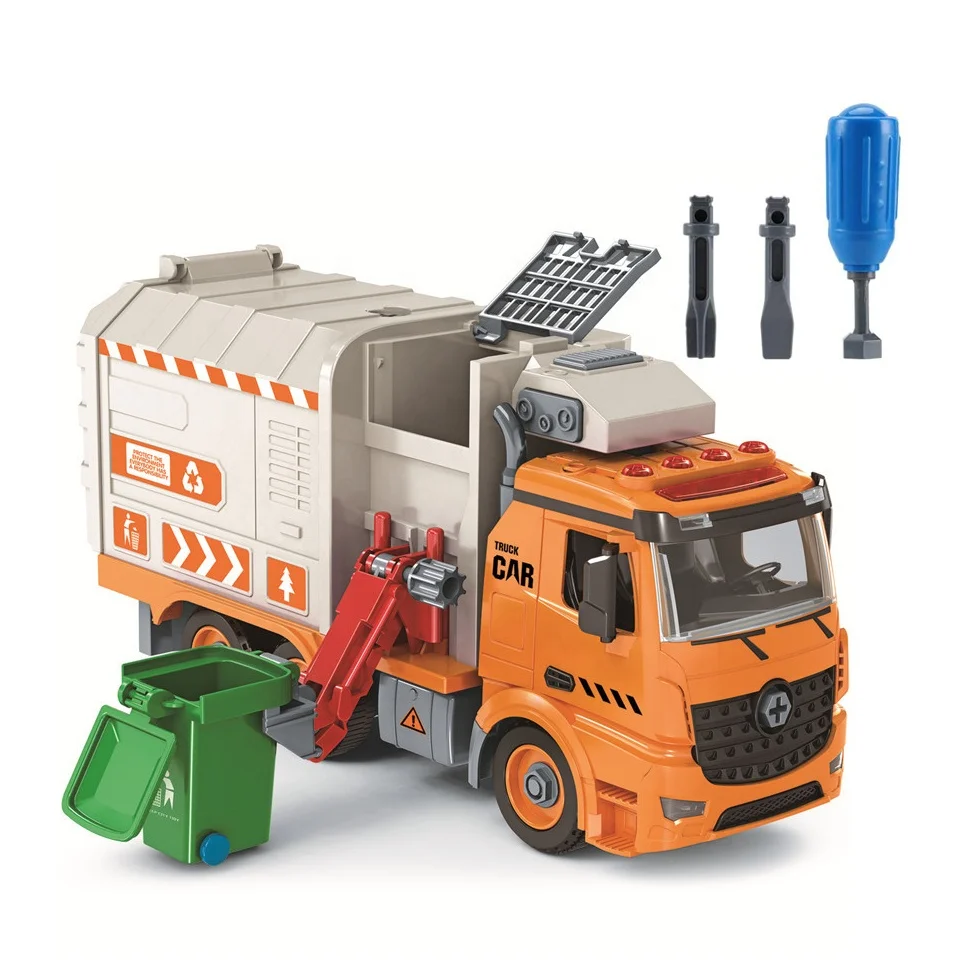 Scale 1/12 Assembly Friction Powered 4 Buttons Light and Music Big Size Garbage Truck STEM Vehicle Toys for Kids