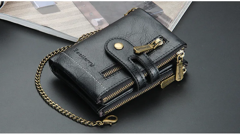 Baellerry 2021 New Wholesale Short Style Double Zipper Wallets With Chain for Men,Male Coin Purse Card Wallets Case Wholesale