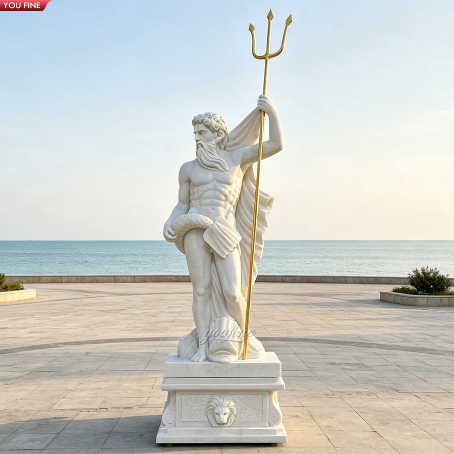 YOUFINE手彫り白大理石ポセイドン像ギリシャ海神ネプチューン彫刻