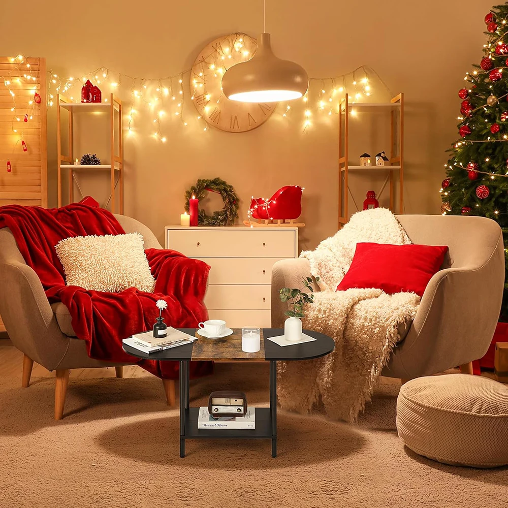 product nu deco 2 tier small oval coffee table storage shelf industrial modern style wood tabletop metal frame for living room home-7