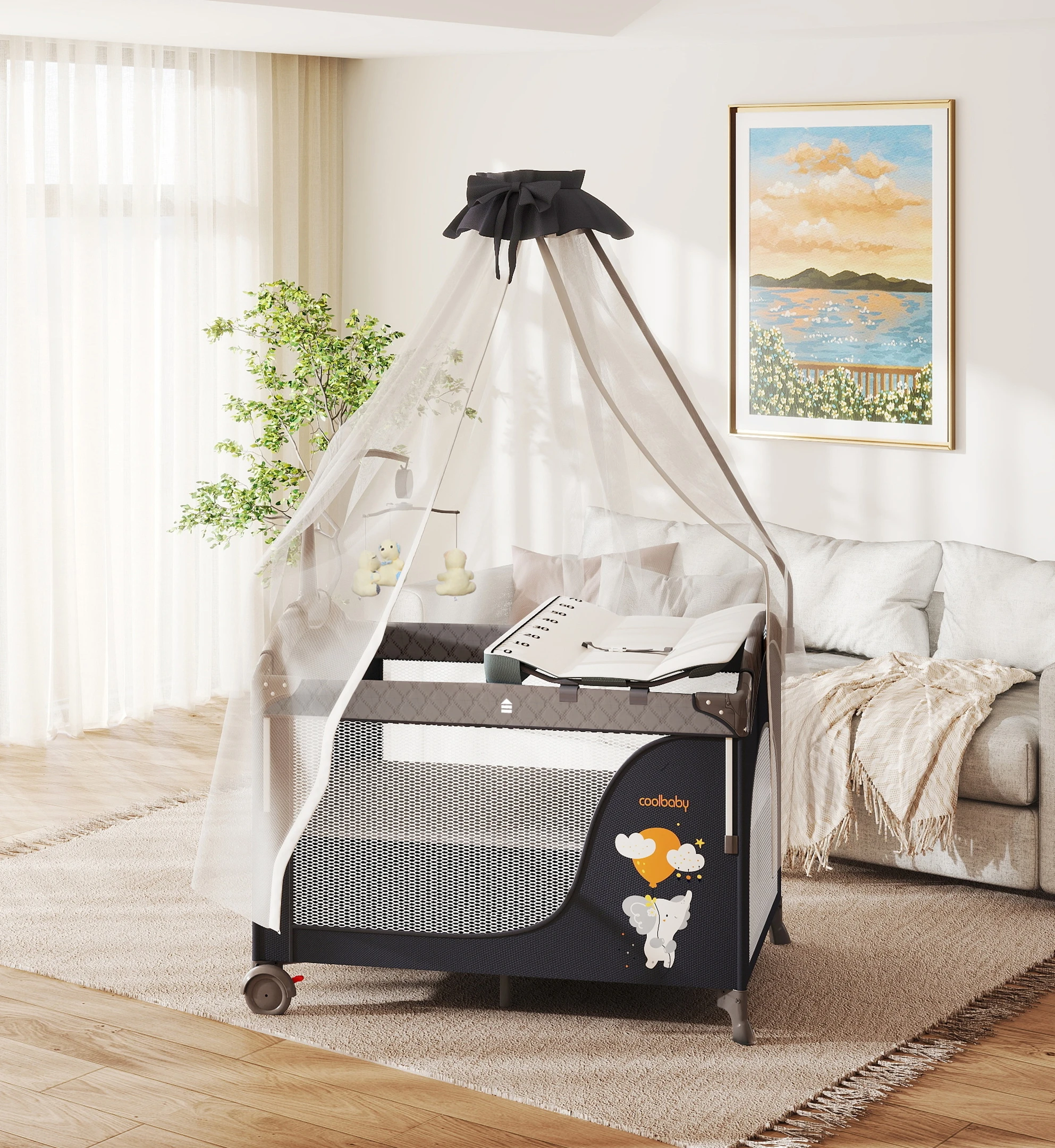 P961PRO Cool Baby Cute Elephant Printing Multifunction Baby Playpen for New Born and Toddlers details