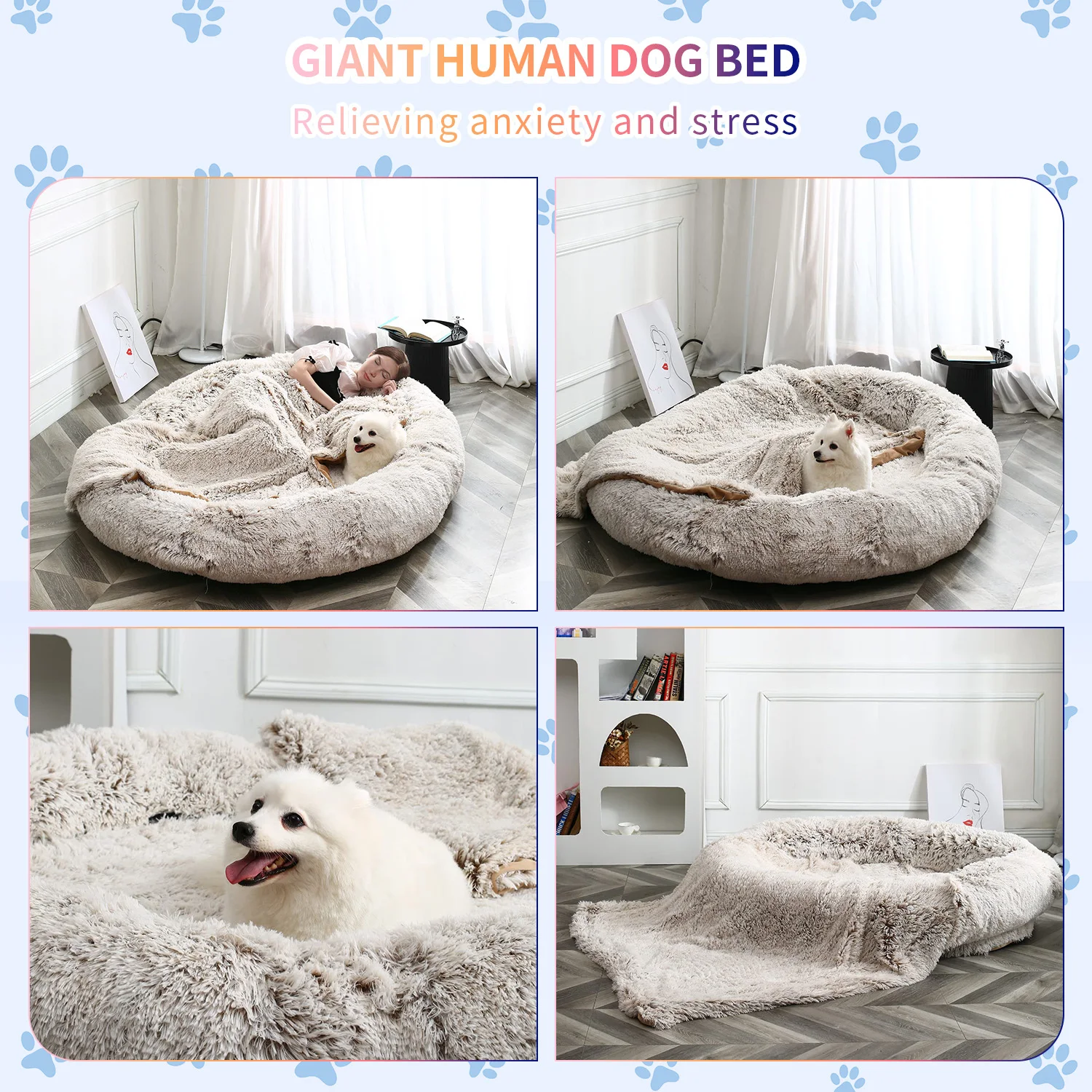 New fluffy customized calming washable luxury extra large big plush giant human sized xxl dog bed for human manufacture