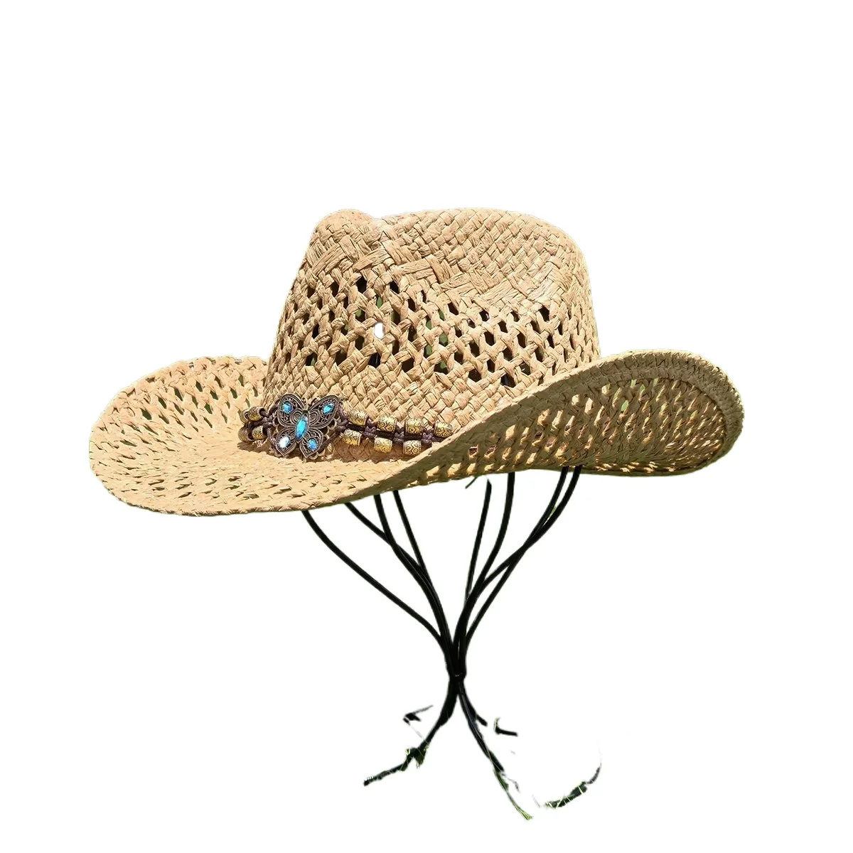 Shapable Straw Cowboy Hat Wide Brim Floppy Beach Sun Hat Shapable Brim Straw Cowboy Hat - Perfect for Summer main image 4