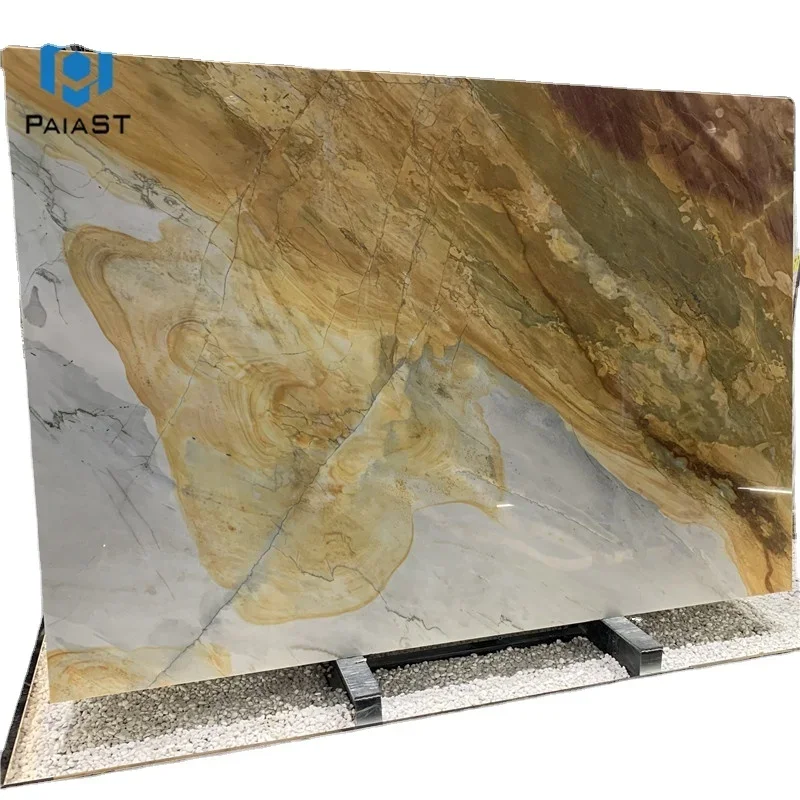 Natural Exotic Stone Golden Quartzite Yellow Marble Slabs For Hotel Hall Background Wall
