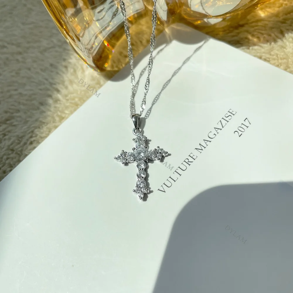 KAKODIY Sterling Silver Jewelry Simple Crystal Pendant Women's Necklace Zirconia Jewelry Couple Exquisite 925 Sterling Silver Cross Necklace detail 9