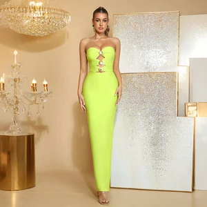 ZYHT 70099 Wholesale Strapless Hollow Out Bodycon Sexy Nice Fluorescent Yellow Long Maxi Bridesmaid Prom Evening Dress for Women