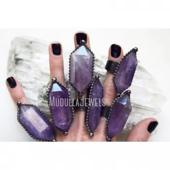 RM40654 Extra Large Amethyst Double Terminated Crystal Point Ring Large Purple Amethyst Crystal Adjustable Ring