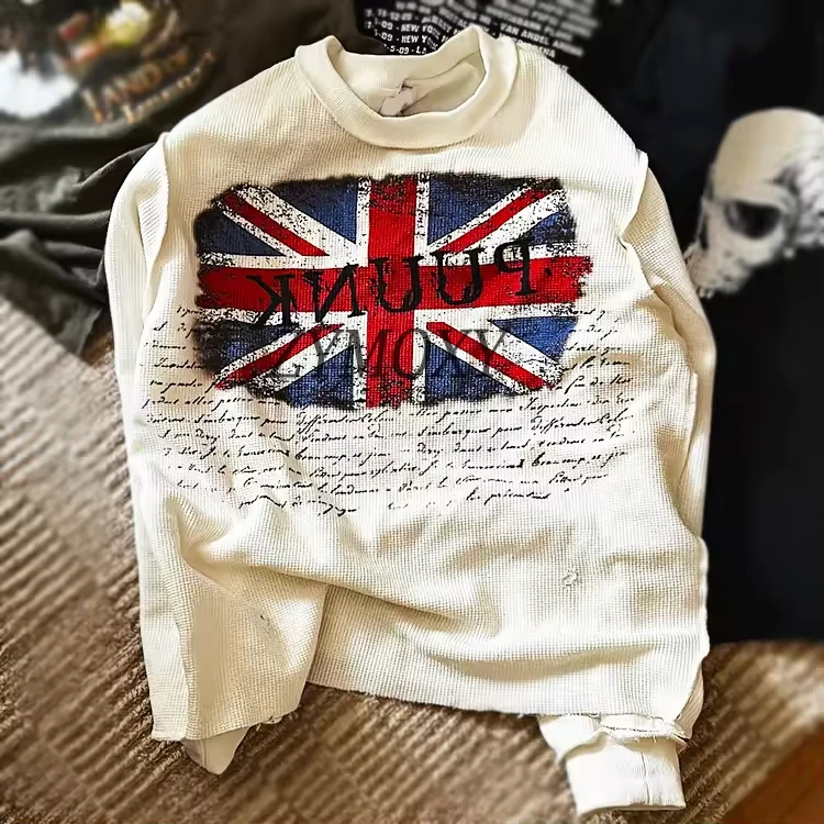 Custom Thermals Long Sleeve Acid Wash Vintage T-shirt Heavyweight Waffle Knitted Cotton Oversized Boxy Distressed Sweatshirt Men gallery 3