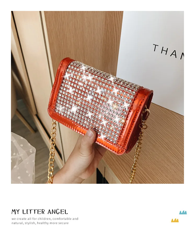Colorful designer chain messenger girl glitter money purse bling mini bags for kids