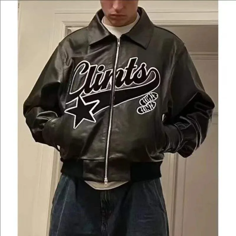 Streetwear Custom Chenille Embroidery Logo Pu Leather Motorcycle Jacket Hiphop Genuine Leather Sleeves Varsity Bomber Jacket Men gallery 3