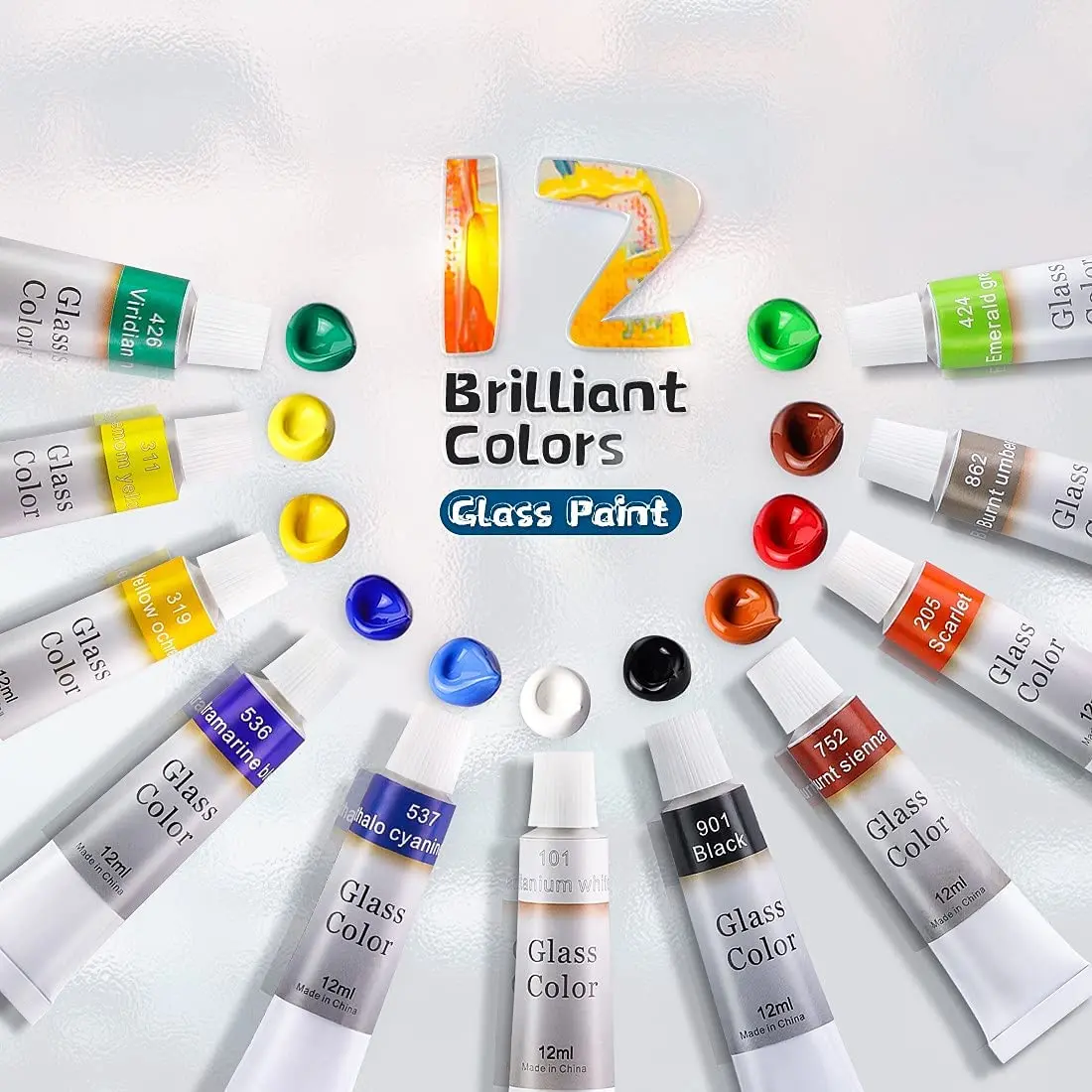 12 24 Colors Stain Glass Paint Set with 6 Nylon Brushes, 1 Palette,  Waterproof Acrylic Enamel Painting Kit for Kids