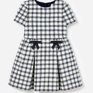 Customized OEM and ODM  Elegant Autumn and Winter Short Sleeves Navy and White  and Navy Plaid  Pattern Girls Dress