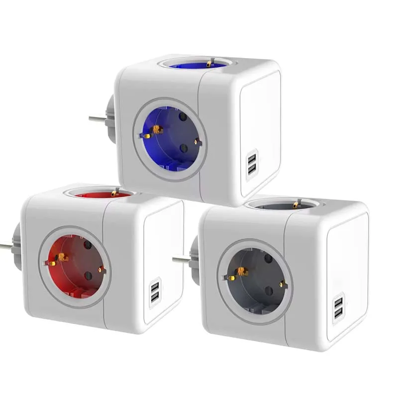 Europe Power Strip Cube Socket with 2X USB Port Germany Outlet Extension Multi Wall Plug Adapter Surge Protect