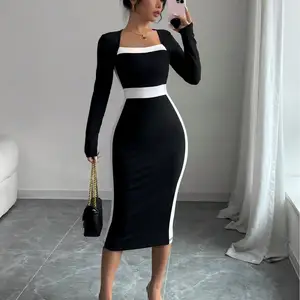 Direct Factory Wholesale Slim Fit Long Sleeve Dress with Custom Logo Sexy Square Neck Modest Style Maxi Fashion Design