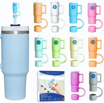Hot 10mm 0.4in Reusable Silicone Straw Covers Caps Straw Toppers with Handle Compatible With Stanley Tumbler Cup