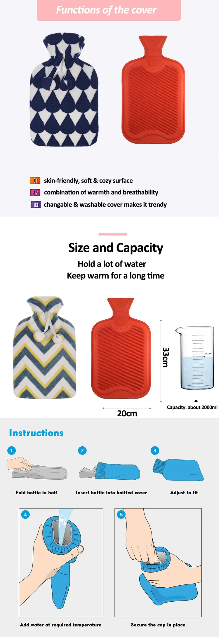 cheap and comfortable high quality hot water bottle bs logo 2000ml rubber hot-water bag soft fleece cover