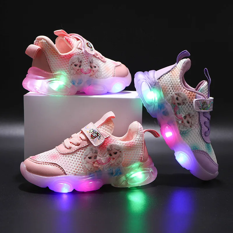 Disney Frozen Girls Cartoon Casual Shoes Led Light Up Sneakers