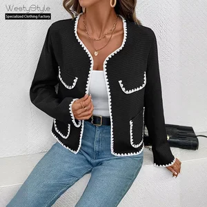 2026 Autumn Winter Women's European American Style Knitted Cardigan Jacket Solid Pattern French Special Embroidered Edge Raw