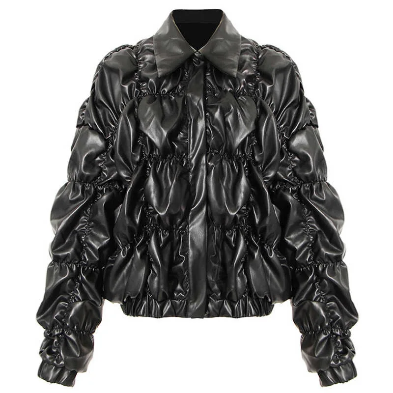 Women's Ruched Bubble PU Leather Jacket