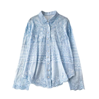 Spring and autumn new literary and fresh loose cotton lace embroidery single breasted shirt women casual irregular blouse