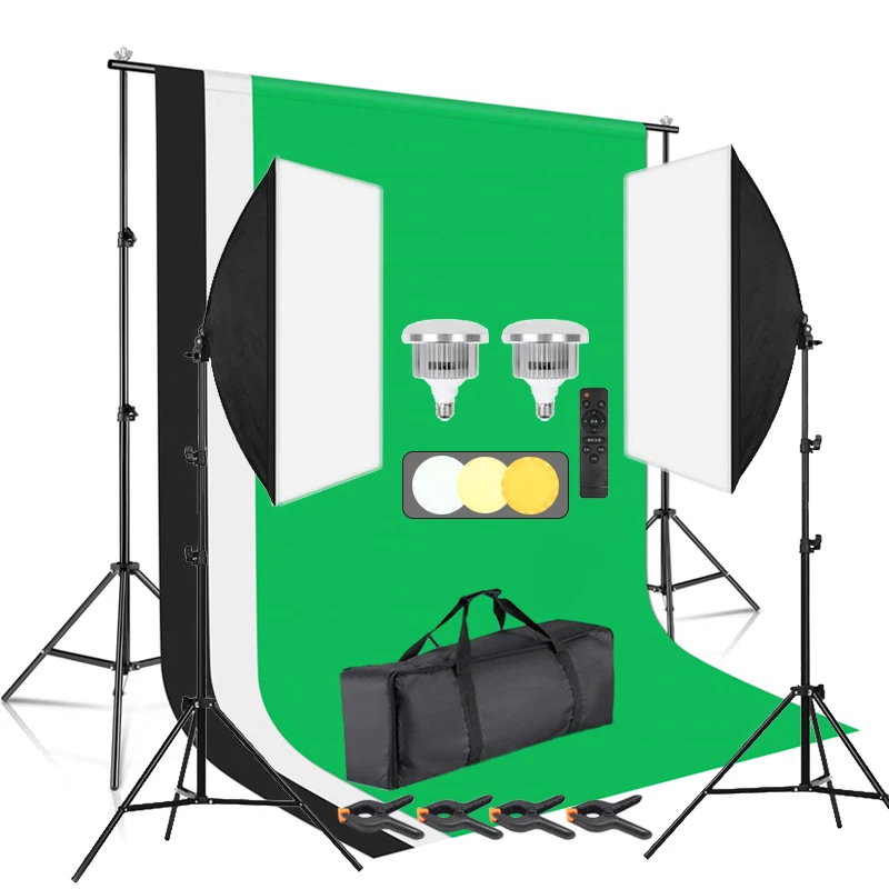 Photography Lighting Kit 50*70cm Softbox Led Bulb Light Studio Backgrounds Backdrop Stand Photo