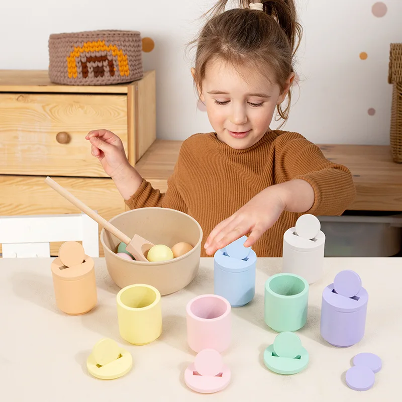 Nieuw binnen Muntjes en balletjes in bekers Peuter Montessori educatief speelgoed Kinderen kleuterschool Houten spelletjes met bijpassende onderdelen voor kinderen vanaf 3 jaar