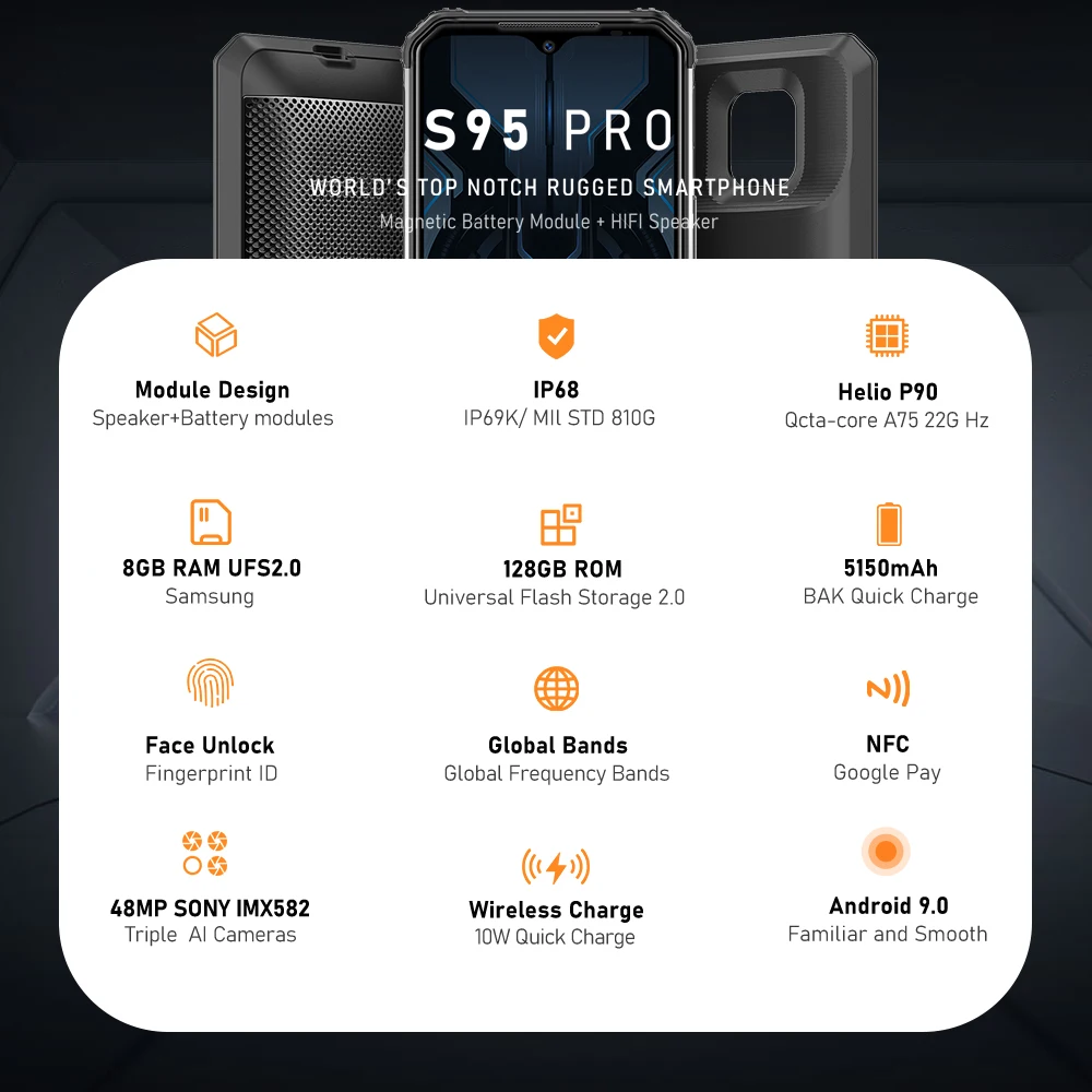 
IP68/IP69K DOOGEE S95 Pro модульная прочный 4g, мобильный телефон с функцией 6,3 дюймов 5150 мАч Helio P90 Octa Core 8 ГБ 128 48MP Cam Android 9,0 