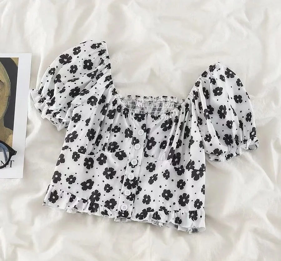 Free Shipping Korea Latest Design Low Price Printed Girls Popular Chiffon Blouse Top OC417