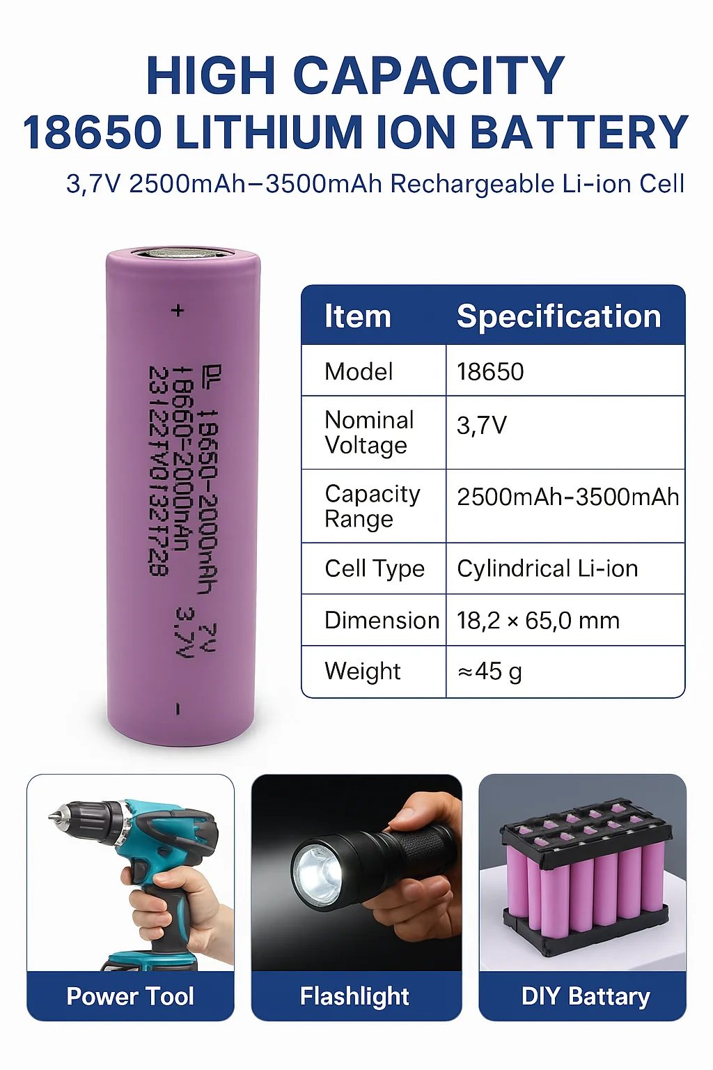 18650 2500mAh 3.7V Rechargeable Li-ion Battery PCB Protection Board Wires-Ready Use for DIY Projects Mobile Phone Camera Stock H91ba10fb388c4370948bdd9b474ce81ak