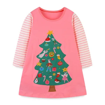 European and American style girls baby dresses long-sleeved autumn new knitted cotton cartoon Christmas tree princess dress