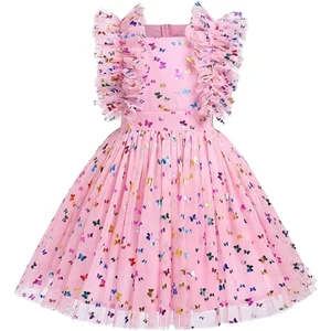 Customizable Design Customization Butterfly Foil Printing Ruffle Sleeves Pink Tulle Dress