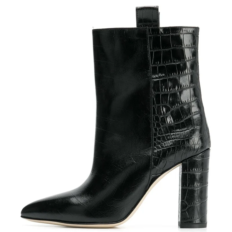 Crocodile Embossed Short Boot 2019 Women Chunky Heel Ankle Boots