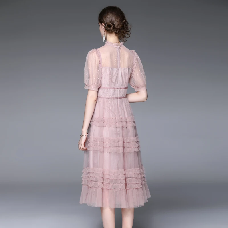 Sweet Women Fashion Lace Patchwork Puff Sleeve Long Cake Dress