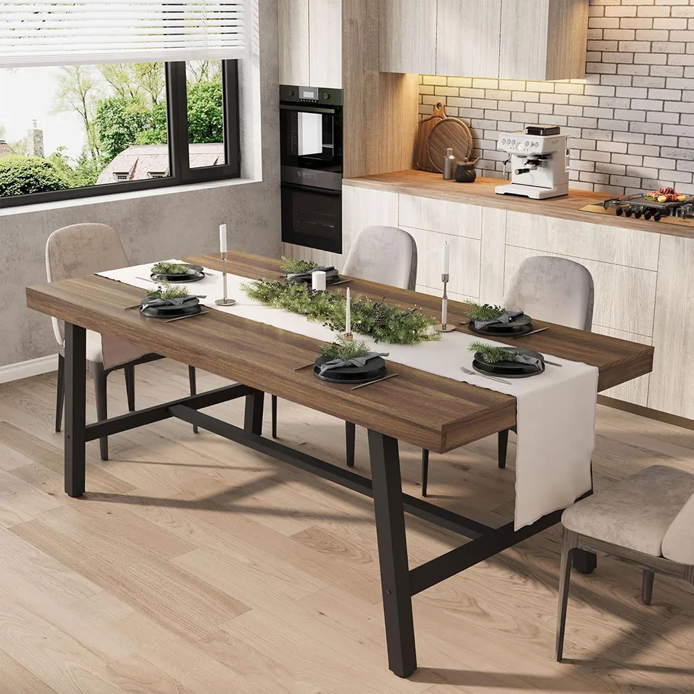 Modern Dining Table for 6-8 People 70.87 in Long Wooden Dining Room Furniture with Sturdy Metal Frame & Rustic Brown factory