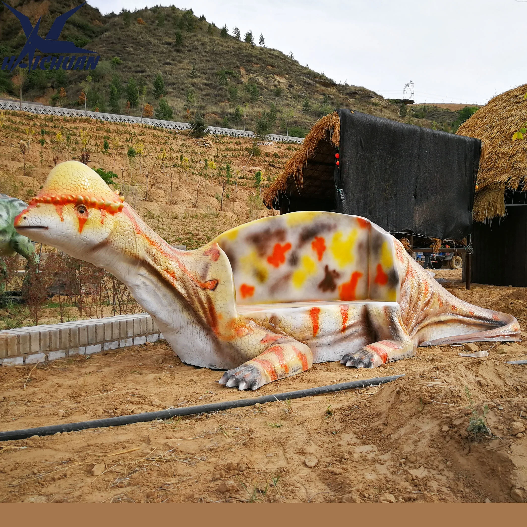 Outdoor Seat Fiberglass Lifesize Dinosaurs Sofa Statue Fiberglass Dinosaur Bench for Playground Equipment