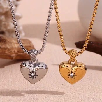 Valentine Jewelry Zircon Heart Pendant Necklace Rope Chain Stainless Steel Jewelry Gold Plated Necklace Set