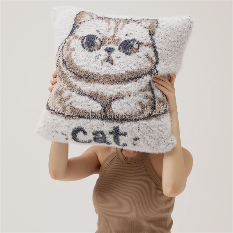 2024 Hot Selling Low Price 45*45cm Cute Angry Cat Jacquard Knitted Cushion Cover For Winter Home Decoration Sofa Pillowcase   KT