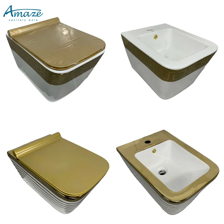 New design ceramic sanitary ware gold color wall mount latest bathroom wc wall hung toilet bowl set