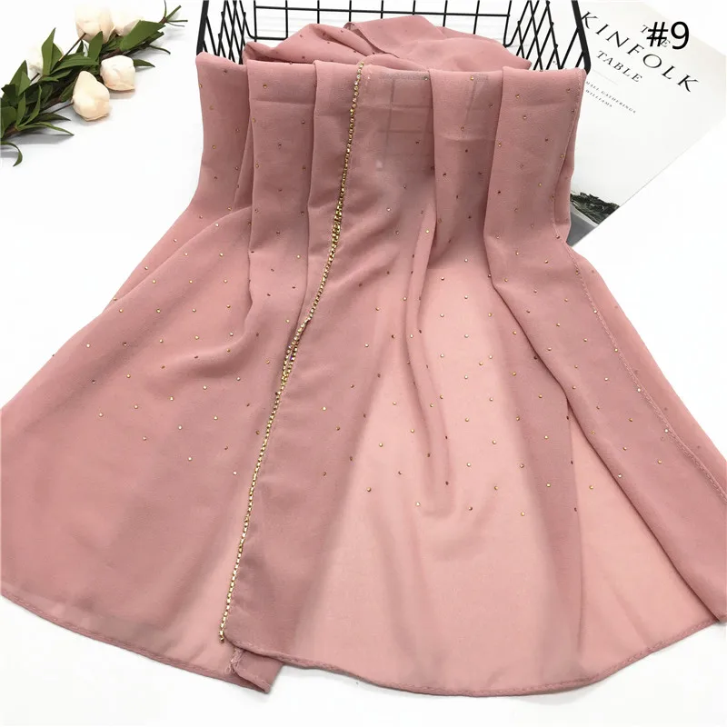 2020 New Popular Chiffon Hijab With Diamonds and Chain Muslim Headscarf Shawl
