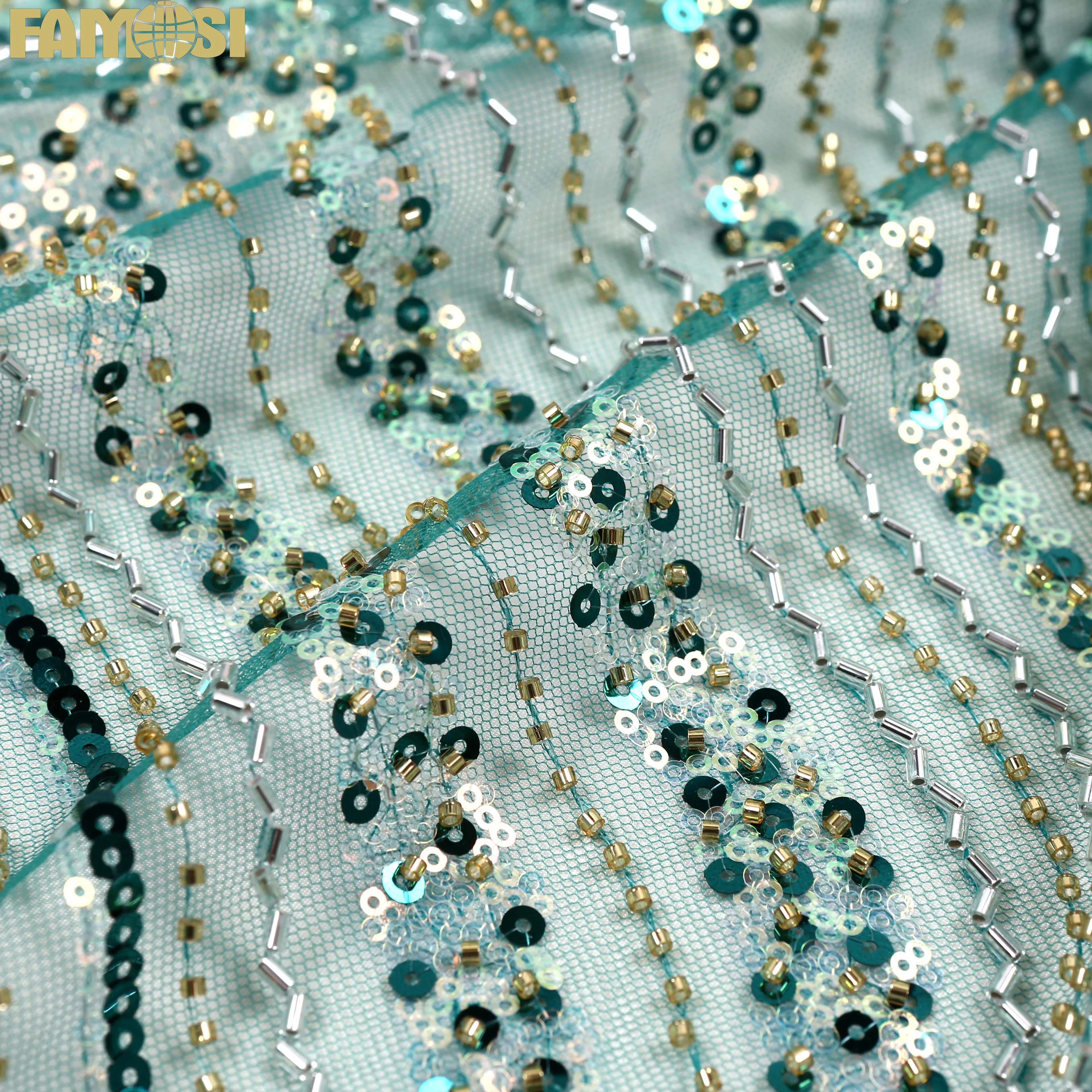 Factory Price Multi Color Heavy Beaded Embroidery Tulle Lace Fabric with Shiny Sequins Wedding Dress for Women