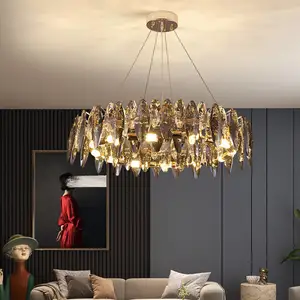 Trending High Ceiling Pendant Light Modern Luxury Smoke Grey K9 Crystal Circle Chandelier